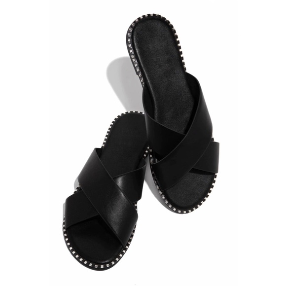 Black X Band Studded Slide Flat Sandals - Picture 2 of 9